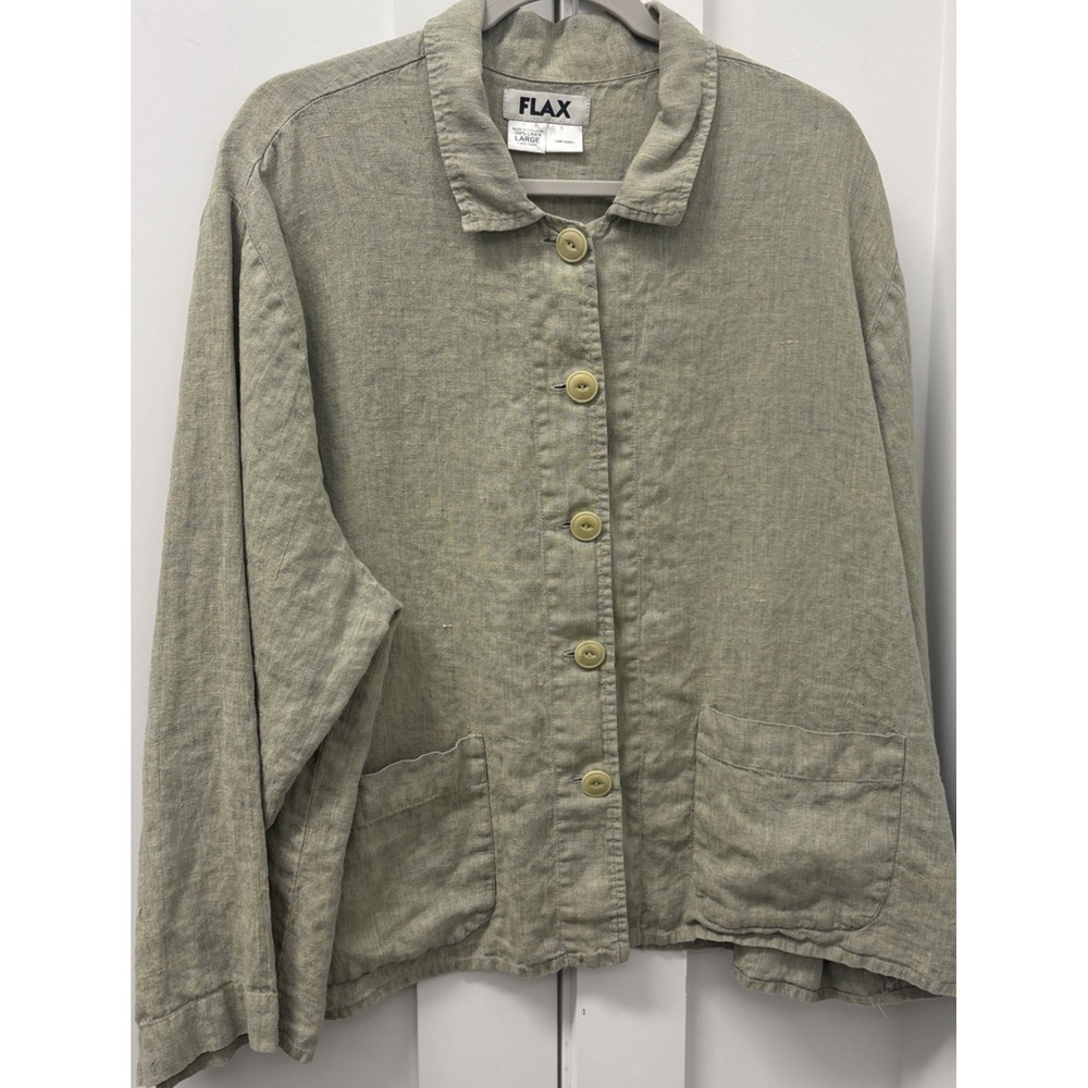 FLAX Large Long Sleeve Sage Green Button Down Collared Linen Blouse Shirt